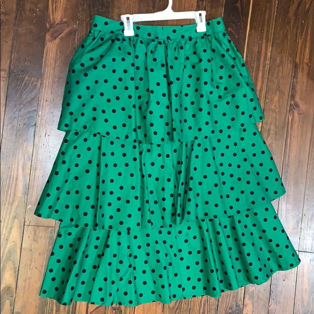 Green polka dot tiered midi skirt